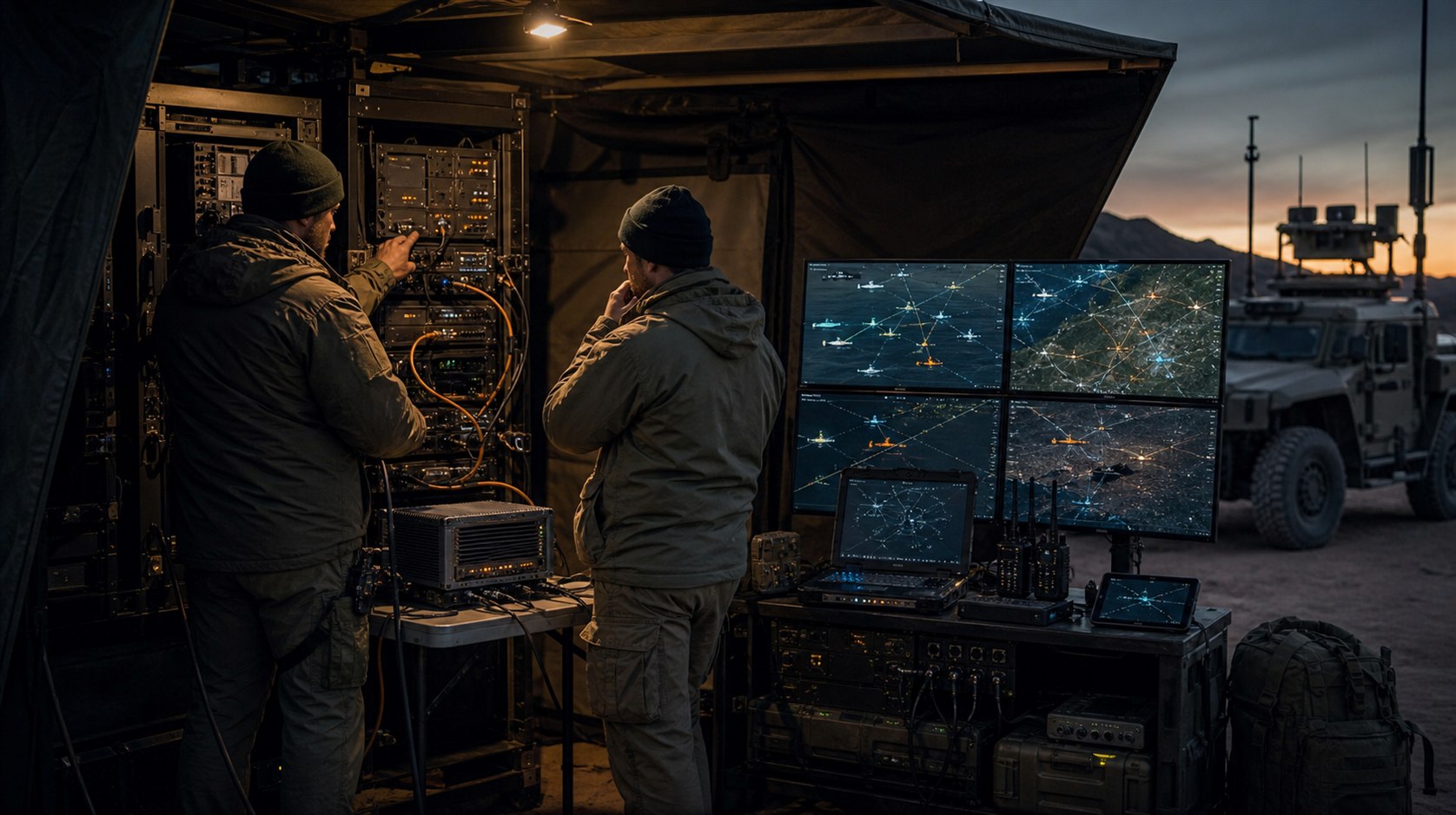 Field engineers synchronizing tactical radios, legacy systems, edge computing, and mission displays at a mobile command site