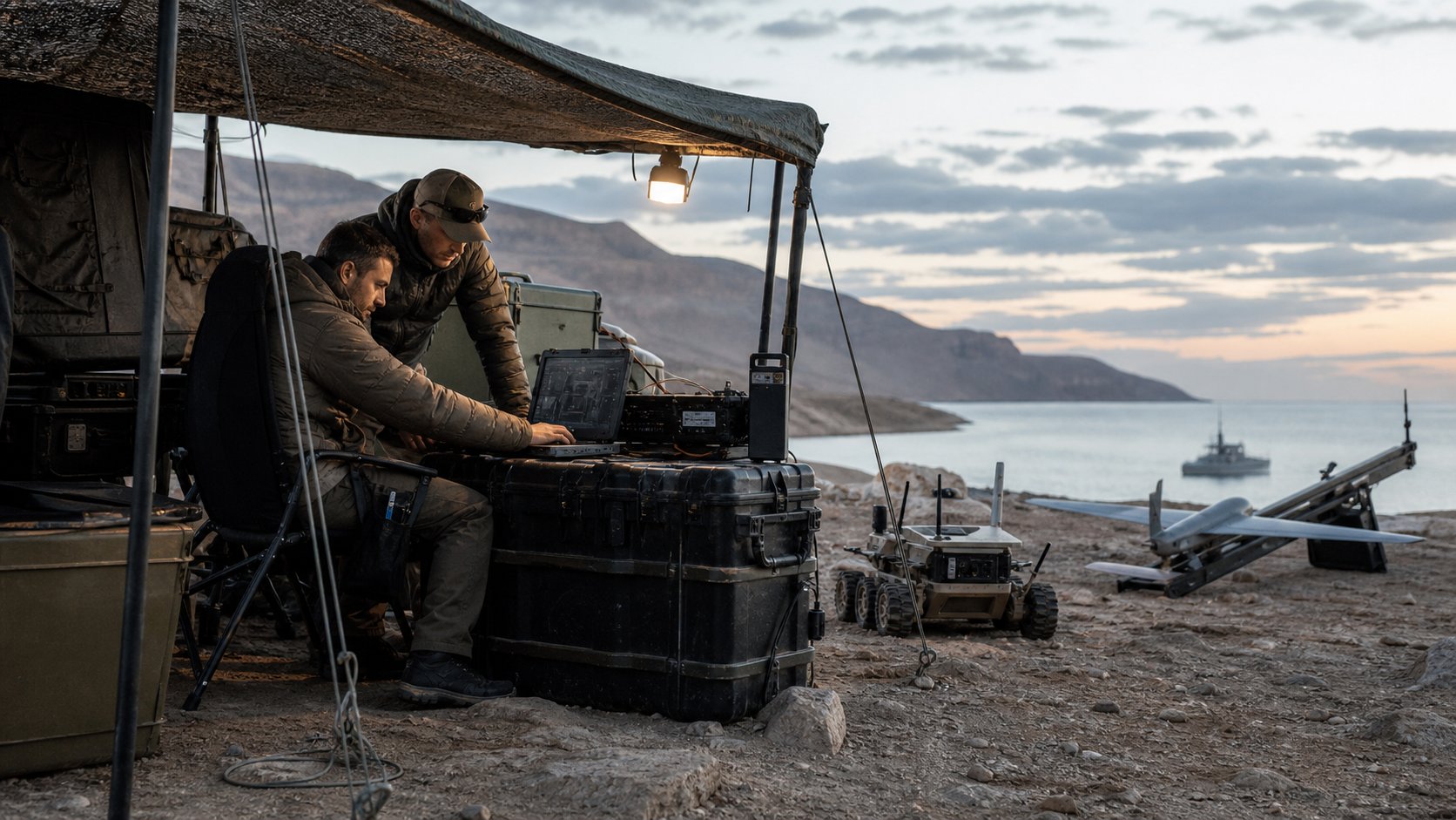 Two field engineers operating a ruggedized mission system beside autonomous air, ground, and maritime platforms